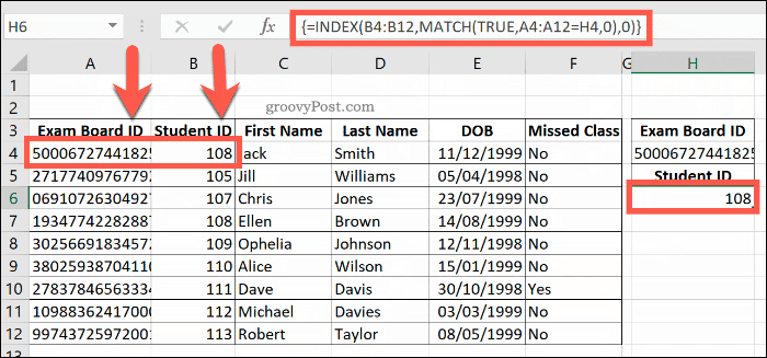 Et eksempel på en kombinert INDEX og MATCH-formel i Excel