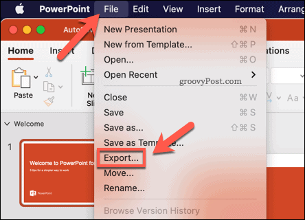Eksportere en PowerPoint-presentasjon som en video på Mac