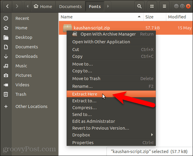 Pakk ut fontfilen i Nautilus i Ubuntu