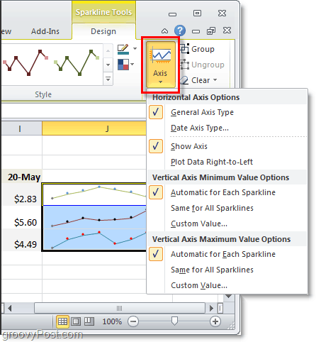 endre sparkline-aksen i Excel 2010