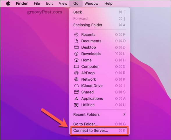 Åpne Mac Finder Koble til server-alternativet