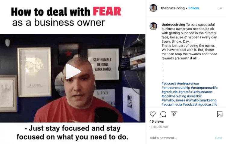 Bruce Irving Instagram-innlegg om hvordan man skal takle frykt som bedriftseier