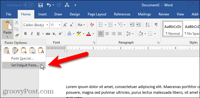 Klikk Lim inn, og velg deretter Angi standardlim