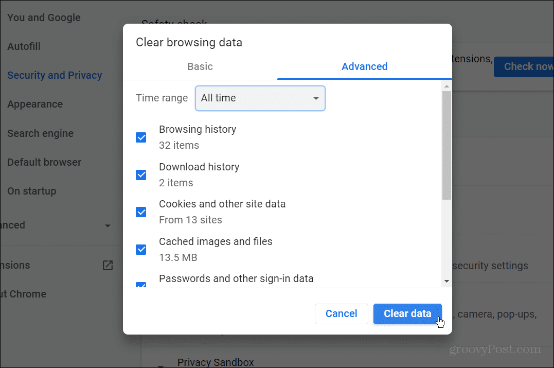 fjern chrome-data fiks err_cache_miss i google chrome