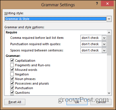 Word 2013 konfigurere grammatikkinnstillingsmenyen