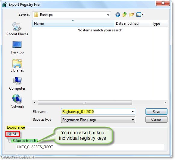 lagre registerets sikkerhetskopi i Windows 7 og Vista