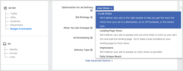 Velg Koblingsklikk fra rullegardinlisten Optimalisering for annonselevering når du konfigurerer Facebook-annonsen.