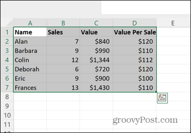 excel alle valgte celler