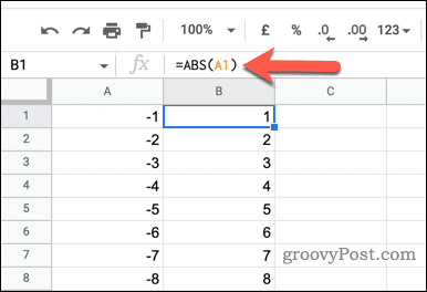 Bruk av ABS-funksjonen i Google Sheets