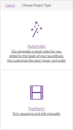 Velg Automatisk for å få Adobe Premiere Clip til å lage en video for deg.