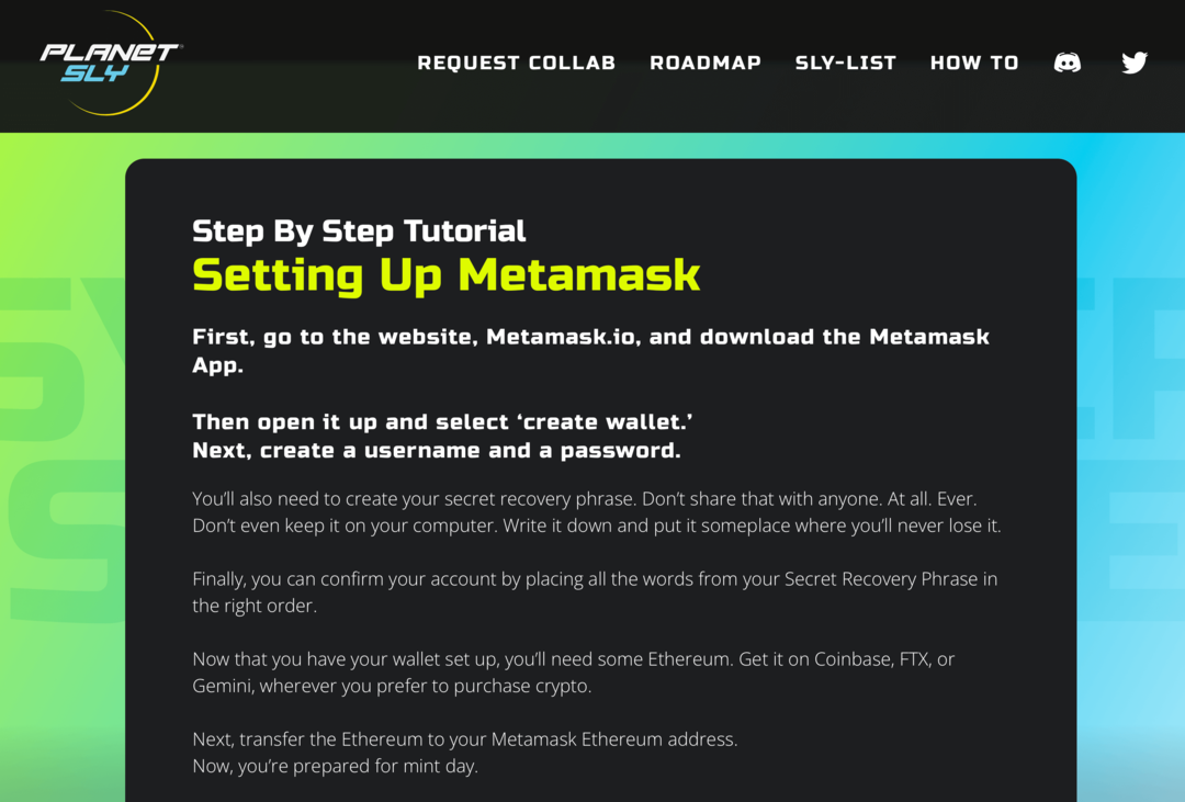bilde av Metamask-opplæringen på PlanetSLY-nettstedet