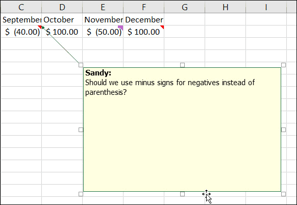 Endre størrelse på eller flytt notater i Excel