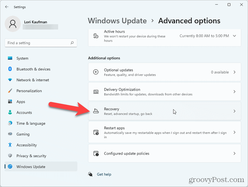 Klikk på Gjenoppretting i Windows 11 -innstillinger