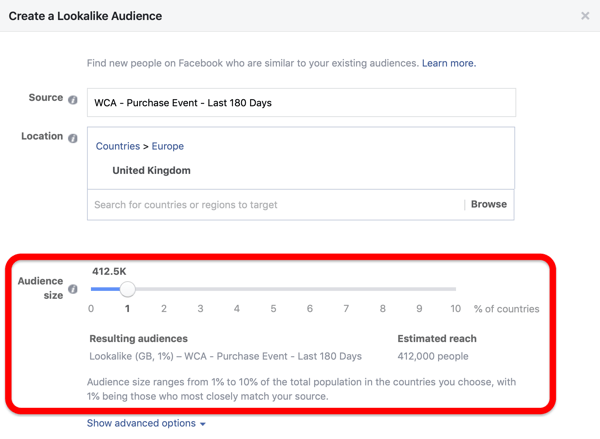 Målgruppestørrelse når du oppretter et Facebook Lookalike-publikum fra ditt tilpassede publikum.