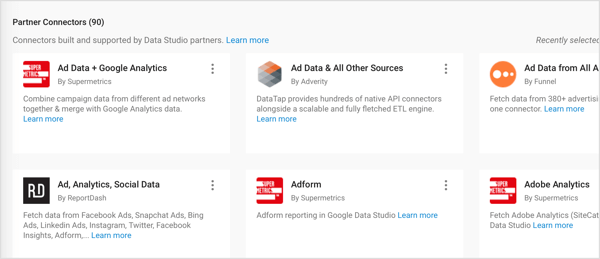 Google Data Studio tilbyr Partner Connectors bygget av tredjepartspartnere.