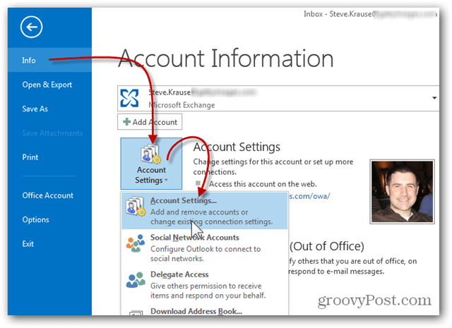 Legg til postkasse Outlook 2013 - Klikk Info Kontoinnstillinger
