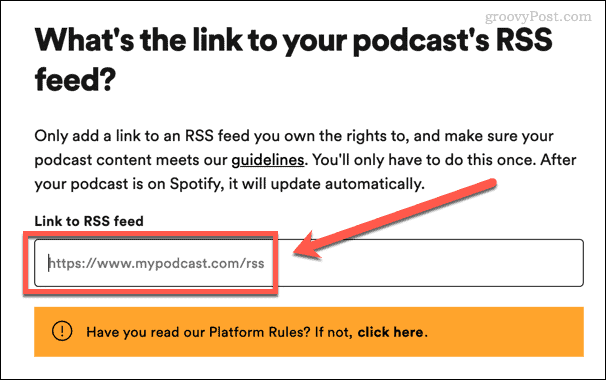 skriv inn podcastens rss-feed i spotify