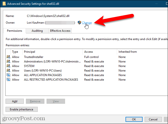 Klikk Endre for eieren i dialogboksen Avanserte sikkerhetsinnstillinger i Windows Registerredigering