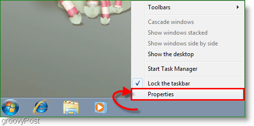 Windows 7 Egenskaper fra skjermbildet for oppgavelinjen