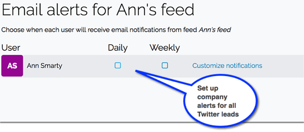 I Leadfeeder kan du konfigurere e-postvarsler for nye potensielle kunder som kommer fra Twitter.