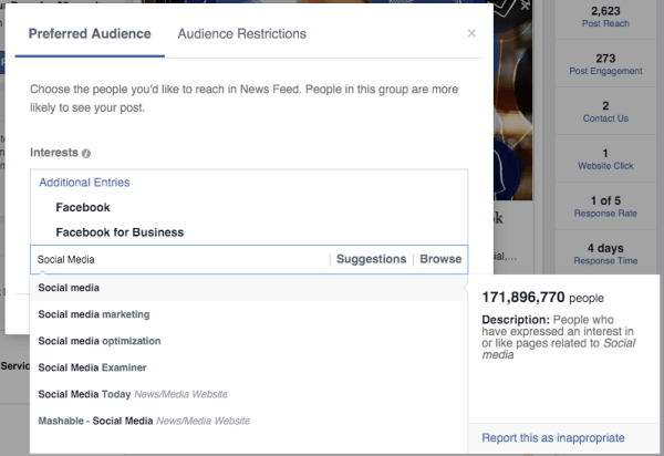 facebook publikumsoptimalisering foretrukne publikumsinteresser