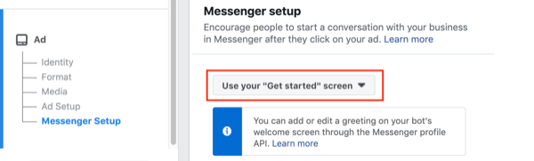 Facebook Click to Messenger-annonser, trinn 2.