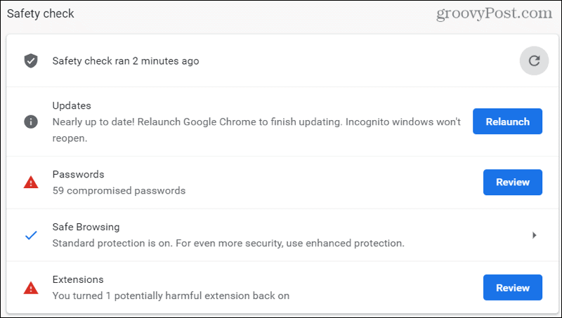 Chrome-sikkerhetskontrollresultater