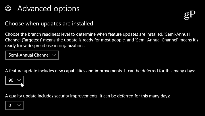 Velg forsinkelse av Feature Update Windows 10
