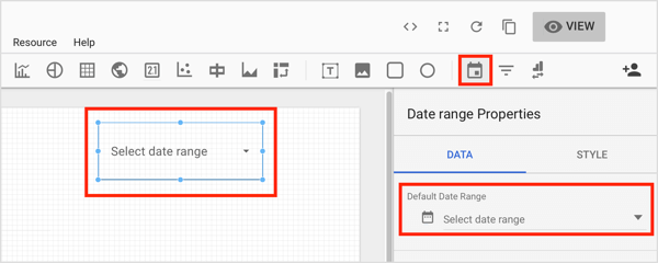 Klikk på Date Range-verktøyet på verktøylinjen og tegn en rute i området i diagrammet der du vil legge til kontrollen.