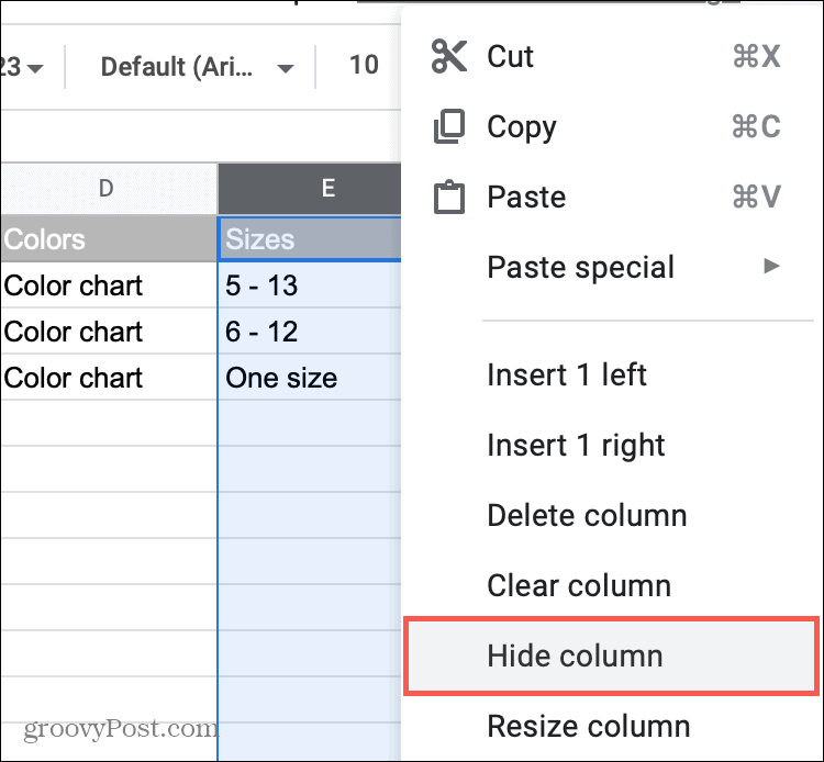 Skjul kolonner i Google Sheets