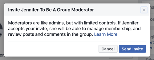 Hvordan forbedre Facebook-gruppesamfunnet ditt, eksempel på Facebook-meldingen når et medlem er valgt til å være gruppemoderator