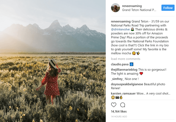 Instagram-influencer Renee Hahnel deler en Drink Evolve-rabattkampanjelink i sin biografi.