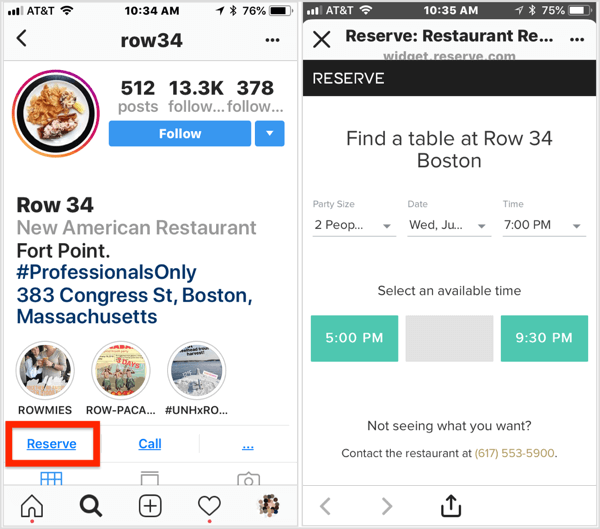 Klikk på Reserver-handlingsknappen på restaurantens Instagram-forretningsprofil for å gjøre en reservasjon. 