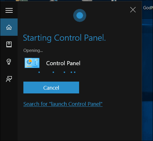Windows 10 Cortana Åpent kontrollpanel
