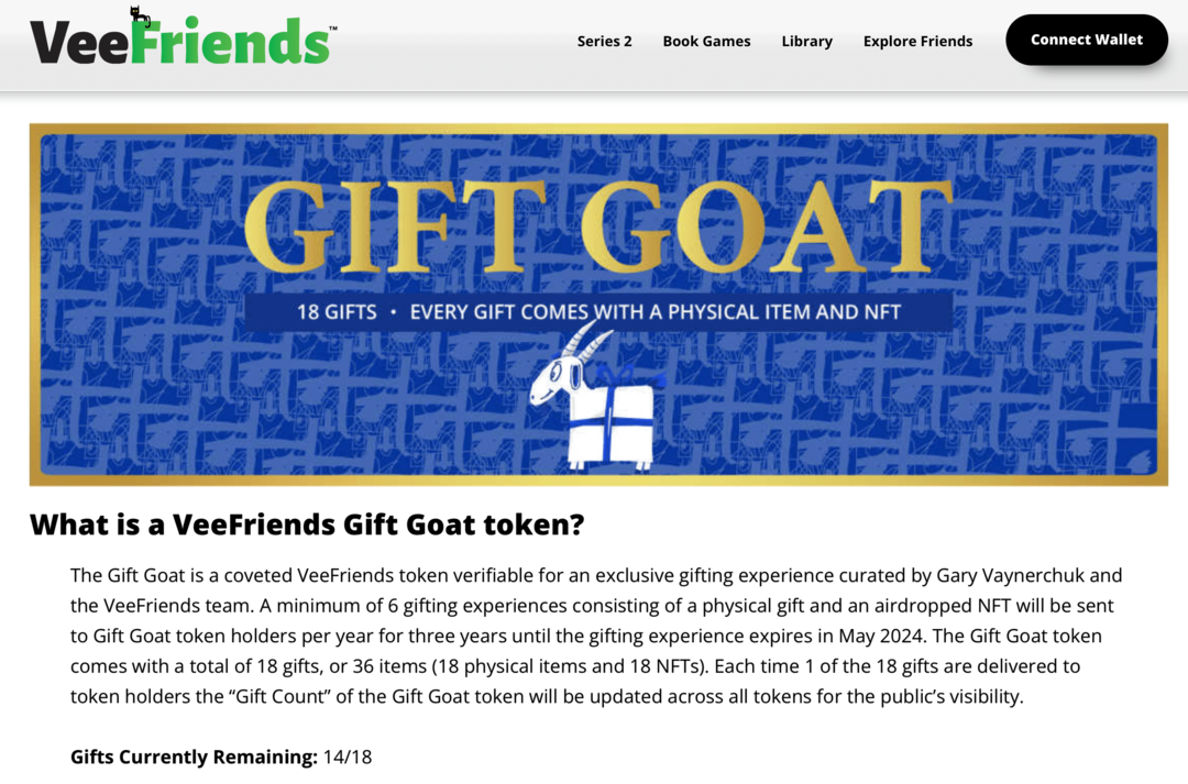 bilde av VeeFriends Gift Goat token-fordeler på VeeFriends nettsted