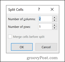 Alternativmeny for Word Split Cells