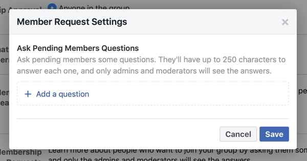 Hvordan forbedre ditt Facebook-gruppesamfunn, eksempel på innstillinger for forespørsler om Facebook-gruppemedlemmer som gir nye medlemsspørsmål