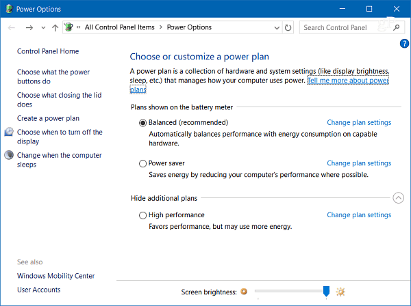 Strømalternativer Windows 10