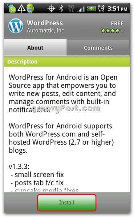 Wordpress på Android installasjonsskjerm