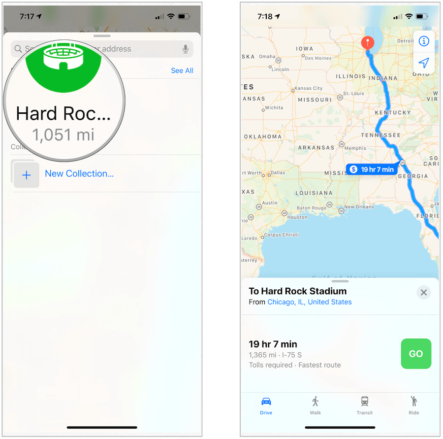 Apple Maps rute til favoritter