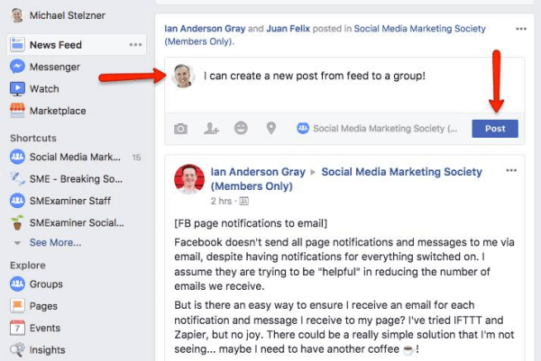 Facebook tillater nå brukere å poste direkte i grupper fra nyhetsfeeden.