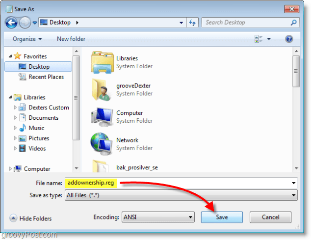 Windows 7-skjermbilde - lagre som addownership.reg