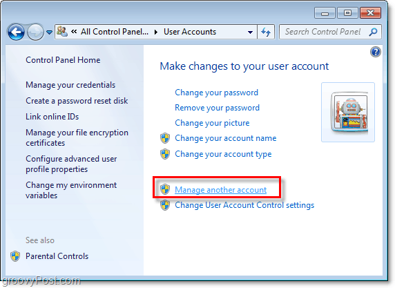 klikk administrer en annen konto fra Windows 7-brukerkontosiden