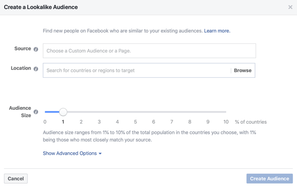 Mulighet for å opprette et 1% Lookalike-publikum for Facebook-annonsene dine.