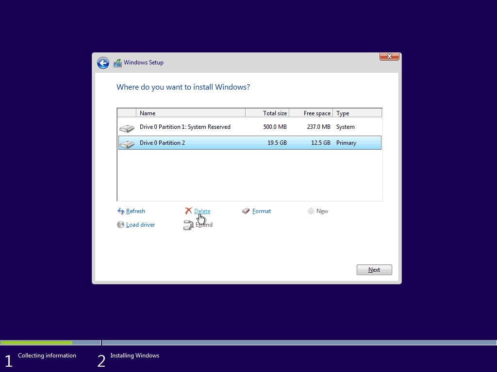 05 Slett eksisterende primærpartisjon Windows 10 Clean Install