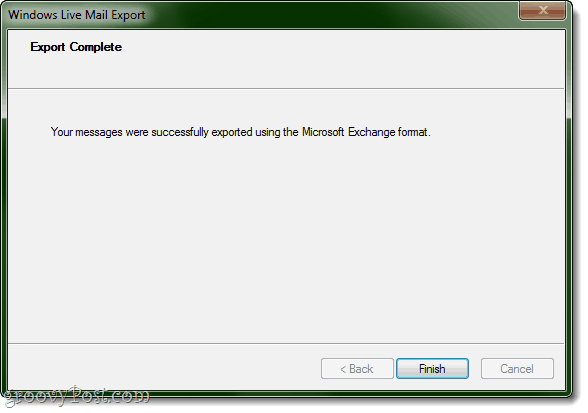 Eksporter til Outlook fra Windows Live Mail fullført!
