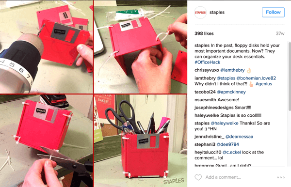 Denne Instagram-fotokollasjen fra Staples viser en smart måte å bruke disketter på nytt til et skrivebordstilbehør.