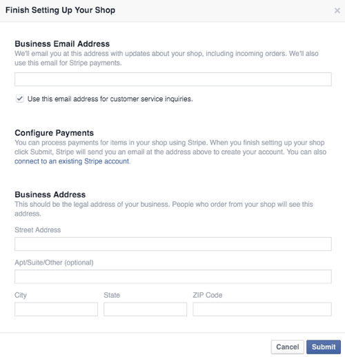 konfigurere facebook-butikk og betalingsdetaljer