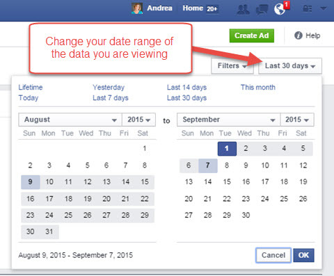 Facebook Ads Manager rapporterer datoperiode