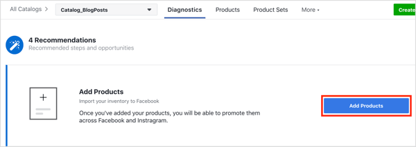 Klikk på Legg til produkter-knappen for å legge til produkter i Facebook-katalogen.